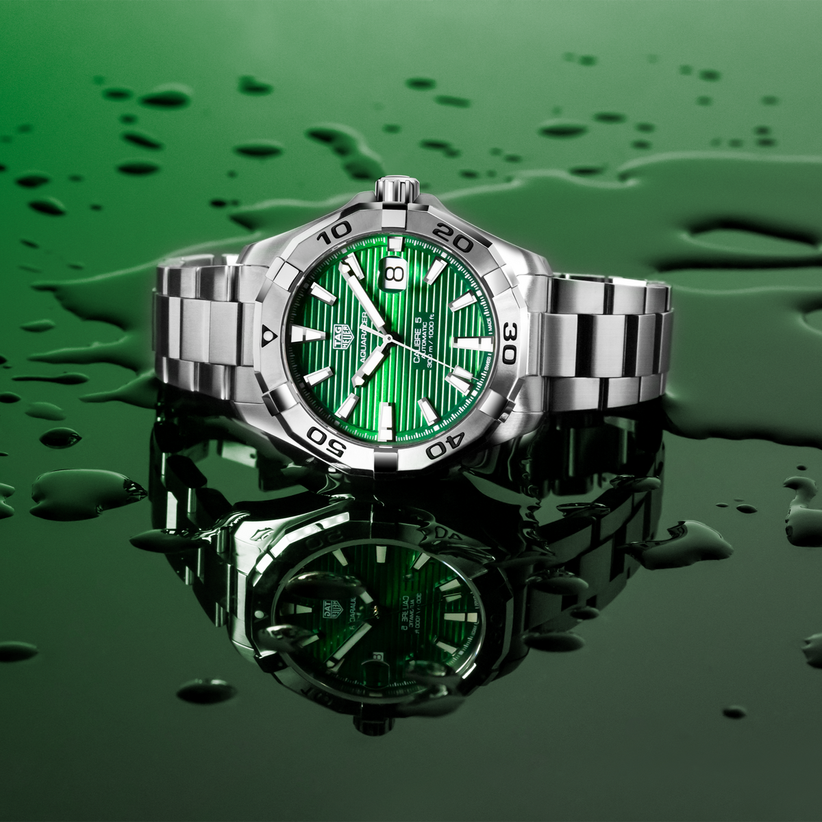 Tag Heuer Aquaracer Calibre 5 Automatic Green Dial Silver Steel Strap Watch for Men - WAY2015.BA0927