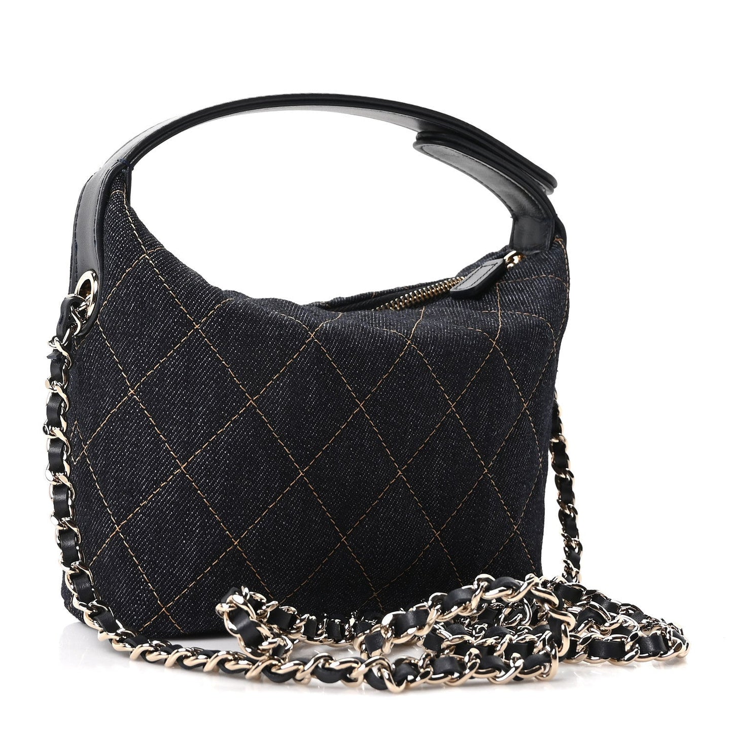 Denim Quilted Hobo Clutch With Chain Dark Blue Orange