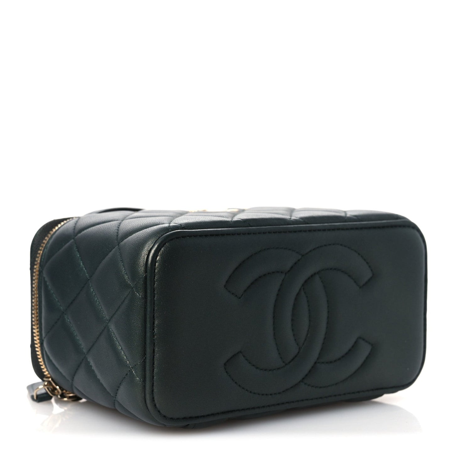 Iridescent Lambskin Quilted Small Top Handle Vanity Case With Chain Green