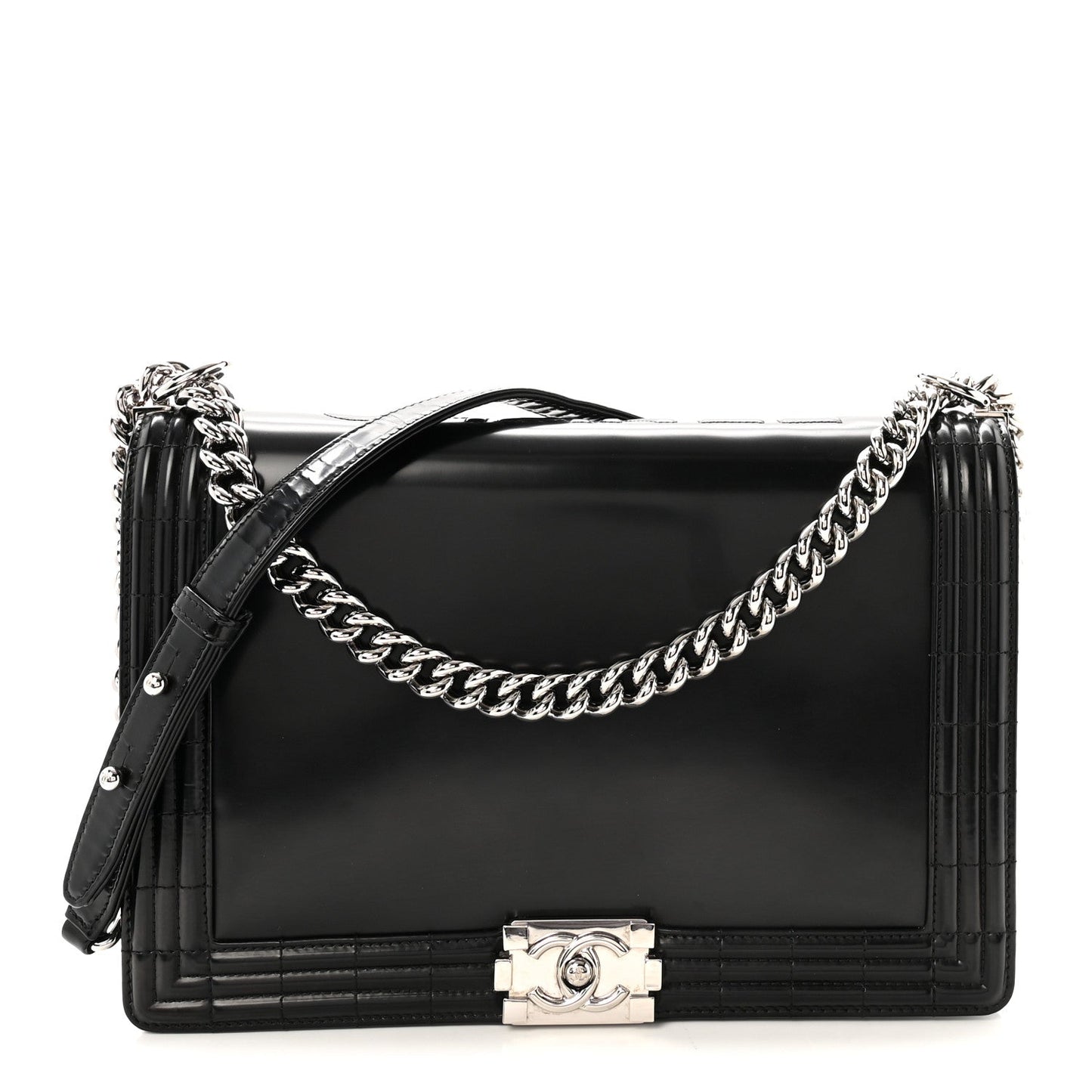 Glazed Calfskin Large Boy Flap Black