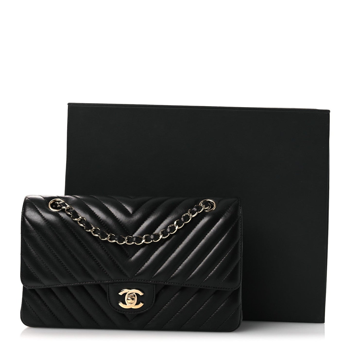Lambskin Chevron Quilted Medium Double Flap Black