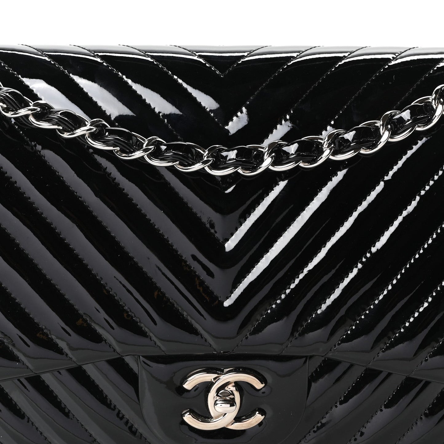 Patent Chevron Quilted Jumbo Double Flap Black
