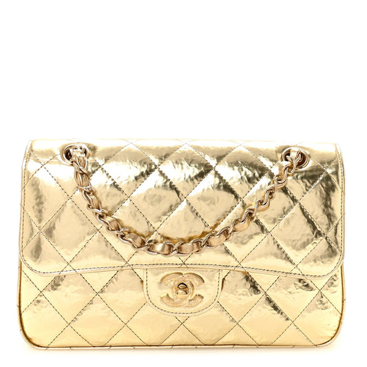 Hammered Metallic Calfskin Quilted Small Double Flap Gold