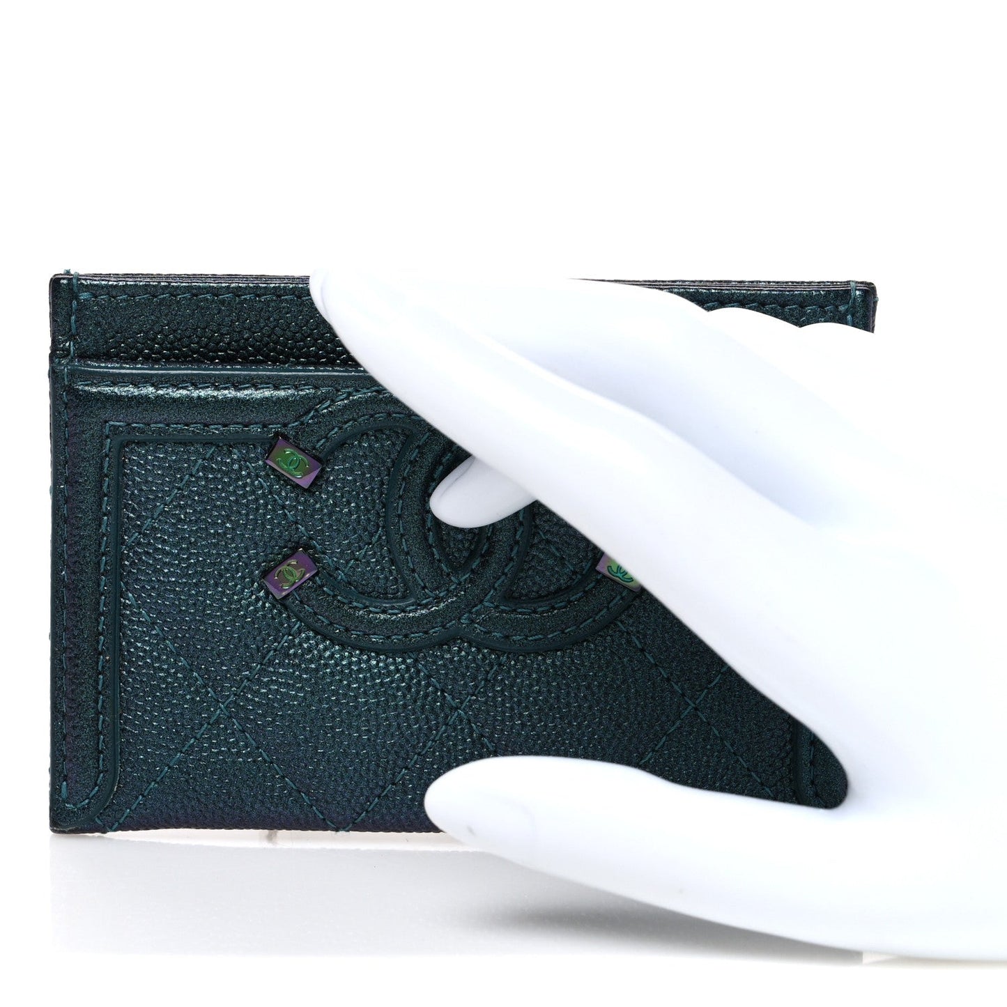 Iridescent Caviar Quilted Filigree Card Holder Dark Turquoise