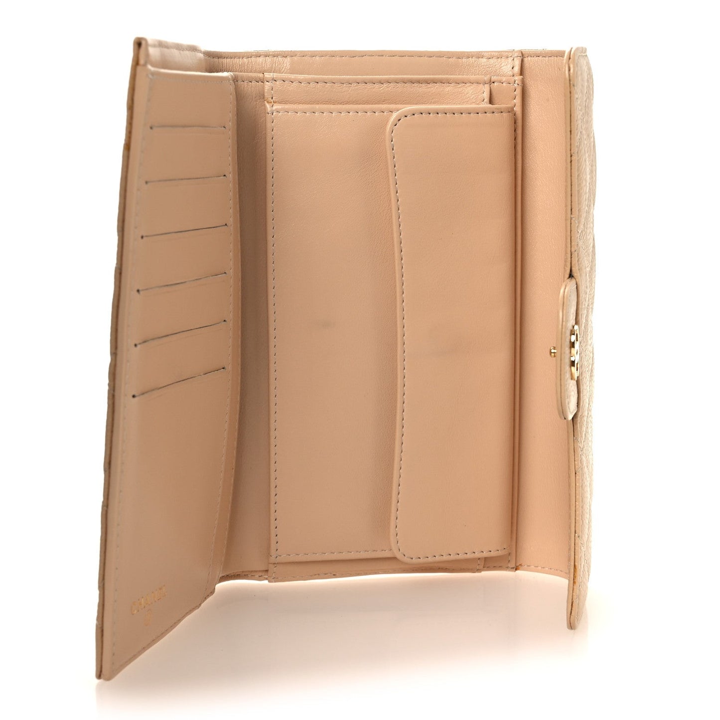 Caviar Quilted Large Gusset Flap Wallet Beige