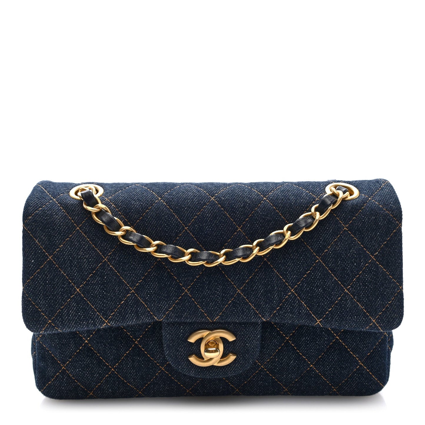 Denim Quilted Small Double Flap Dark Blue Orange