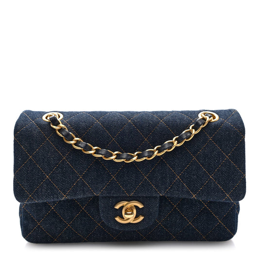 Denim Quilted Small Double Flap Dark Blue Orange
