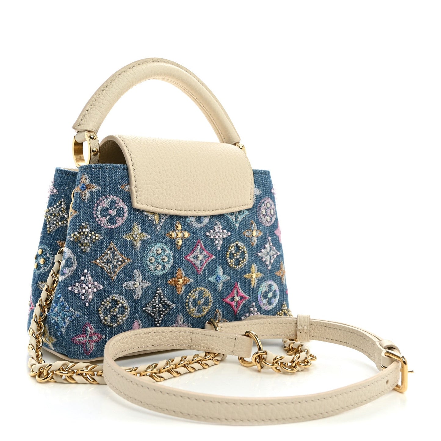 Denim Lurex Beaded Calfskin Capucines Mini Blue Cream