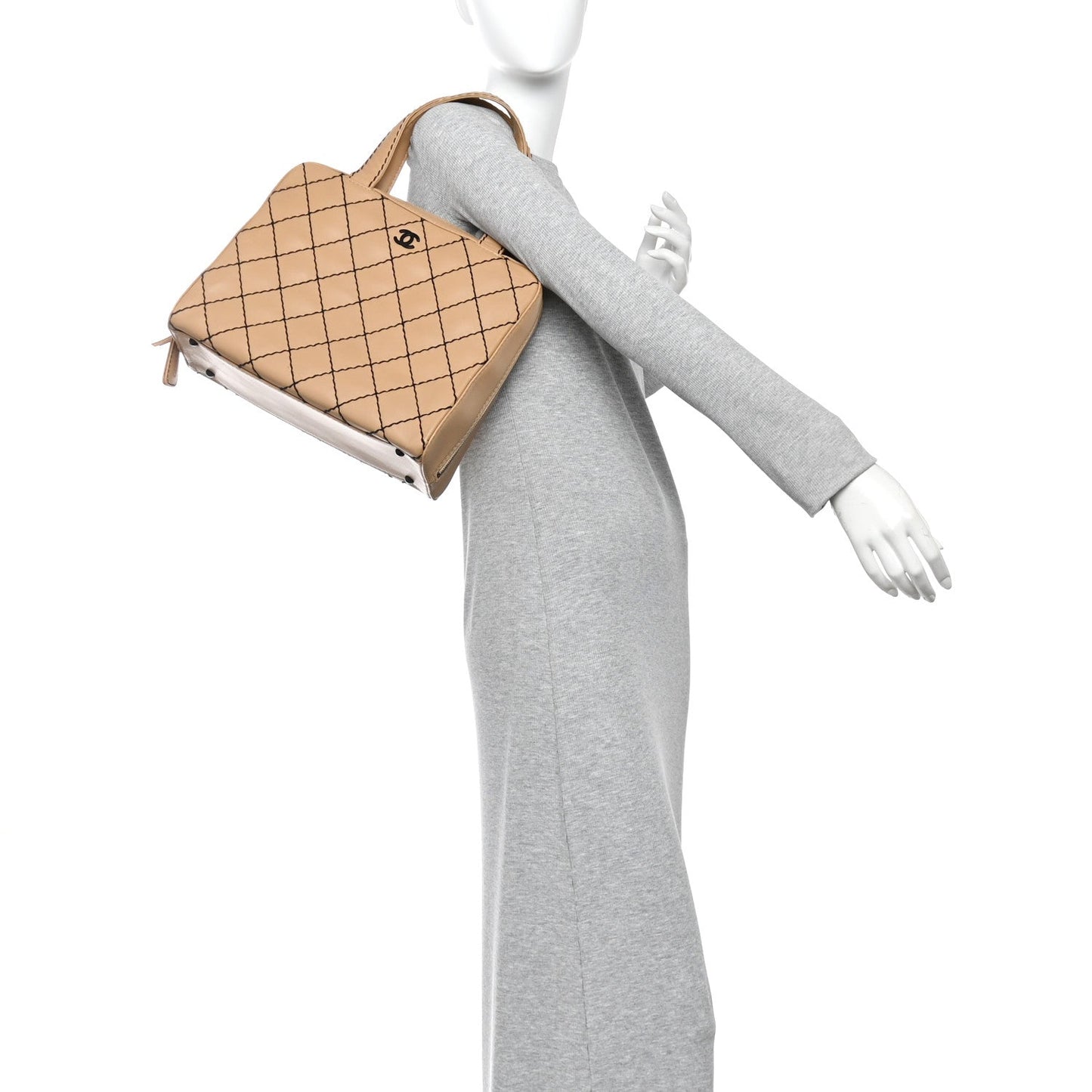 Calfskin Wild Stitch Vertical Top Handle Bag Beige