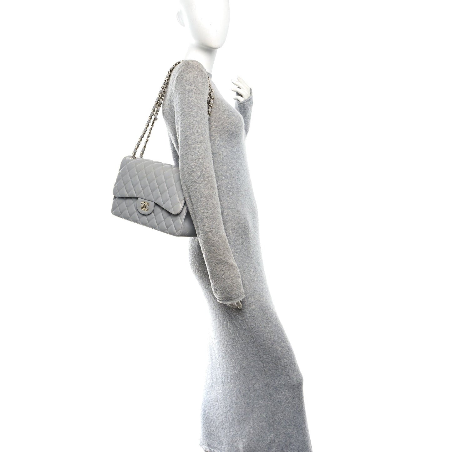 Caviar Quilted Jumbo Double Flap Grey