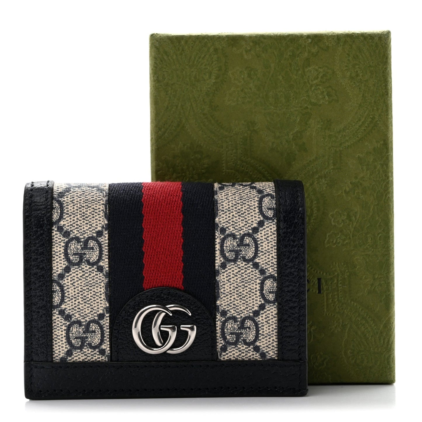 GG Supreme Monogram Textured Dollar Calfskin Web Ophidia Card Case Beige Blue