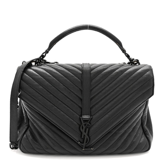 Sheepskin Matelasse Chevron Monogram Monochrome Large College Satchel Black
