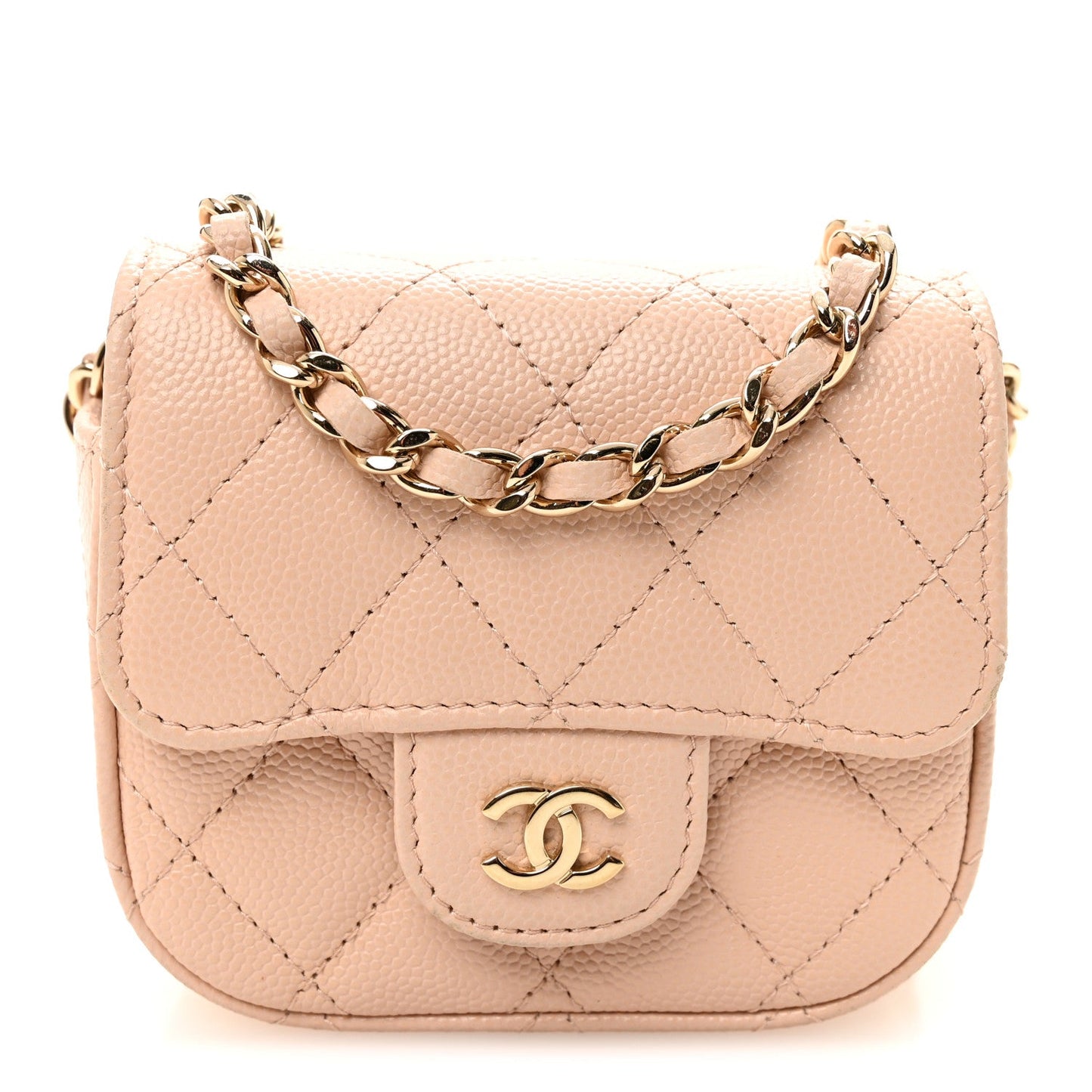 Caviar Quilted Mini Clutch With Chain Light Beige