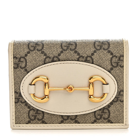 GG Supreme Monogram Azalea Calfskin Horsebit 1955 Card Case Wallet Beige Ebony Mystic White