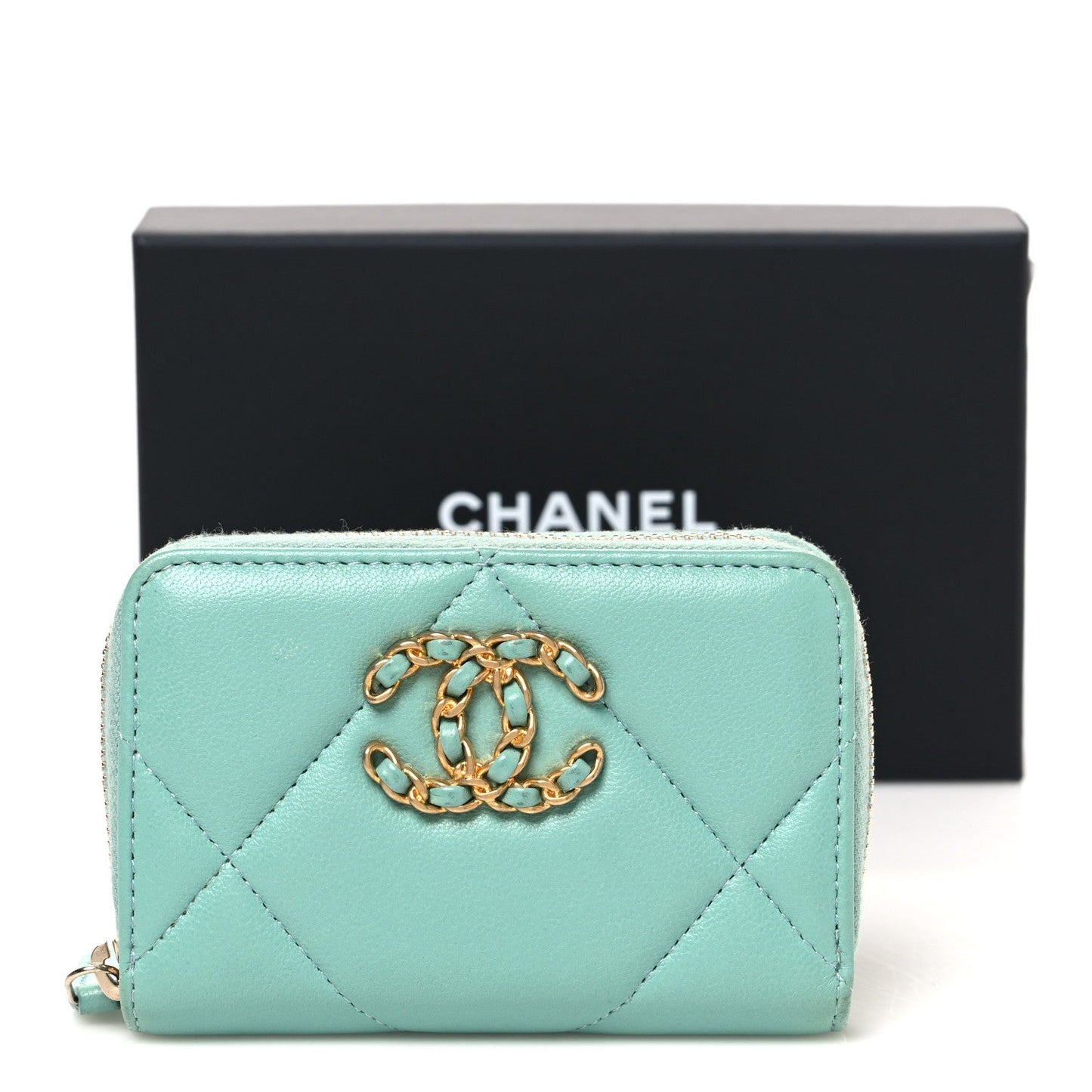 Lambskin Quilted Chanel 19 Zip Around Coin Purse Wallet Light Green