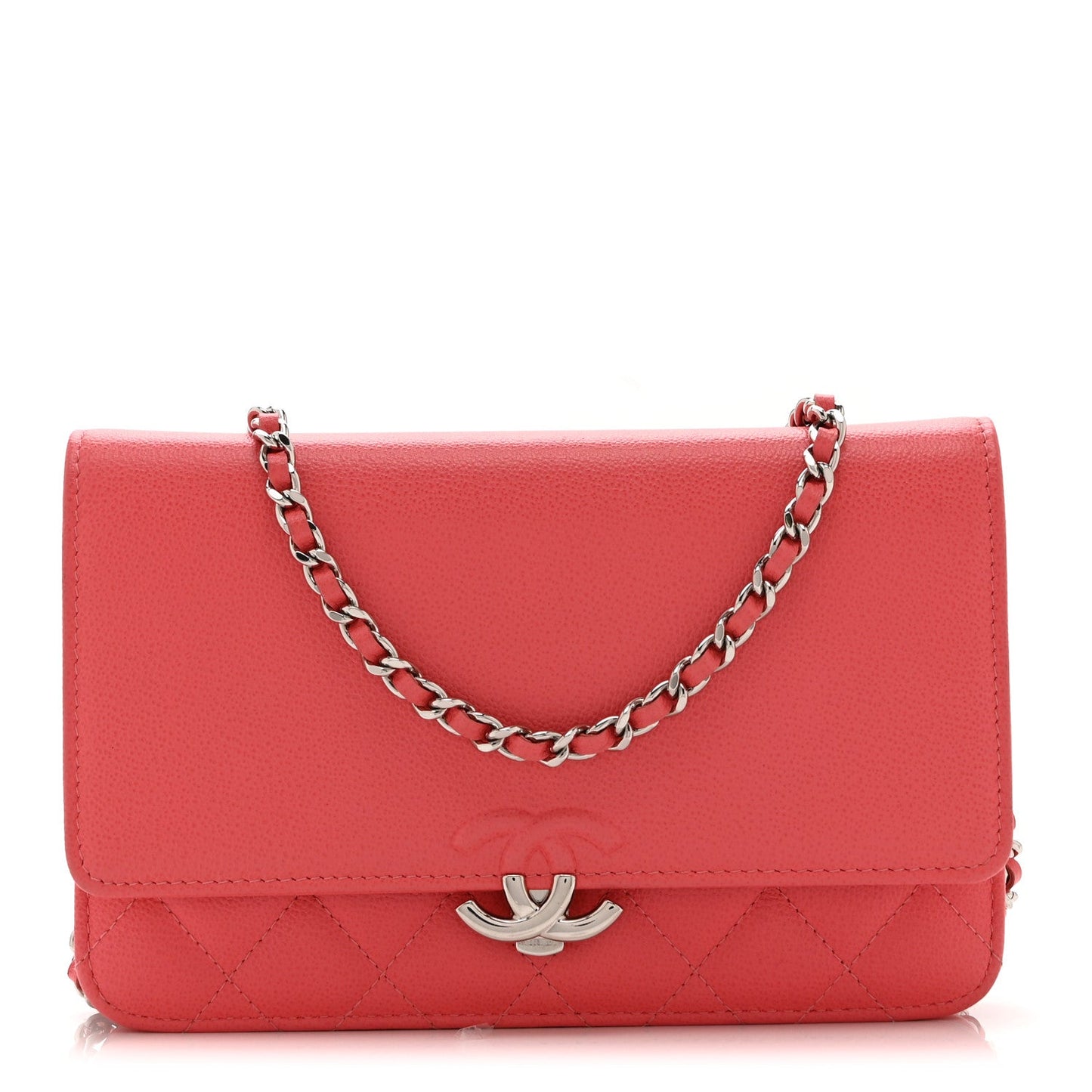 Grained Calfskin Quilted CC Box Wallet On Chain WOC Pink