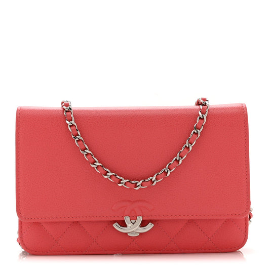 Grained Calfskin Quilted CC Box Wallet On Chain WOC Pink