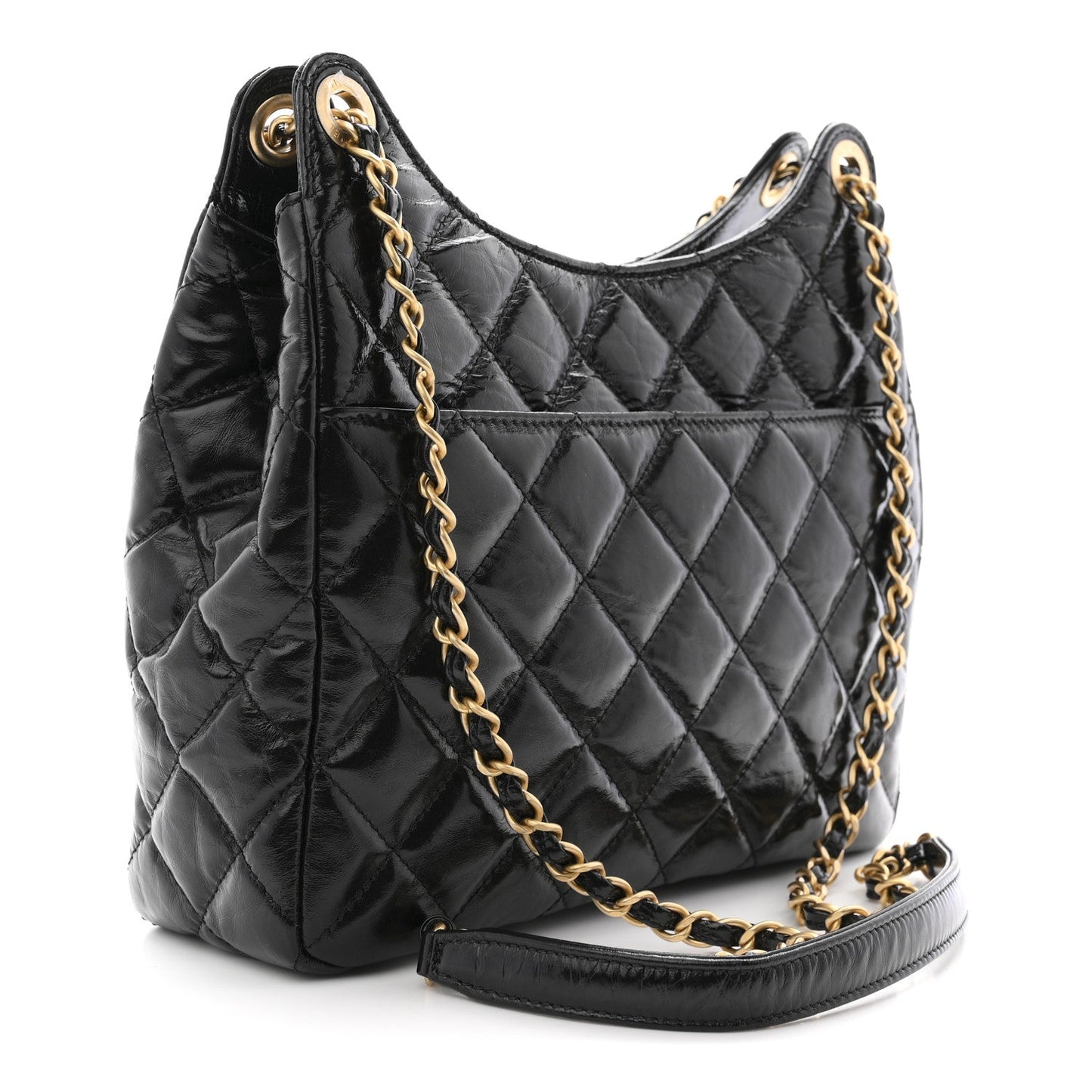 Shiny Crumpled Calfskin Quilted Wavy CC Hobo Black