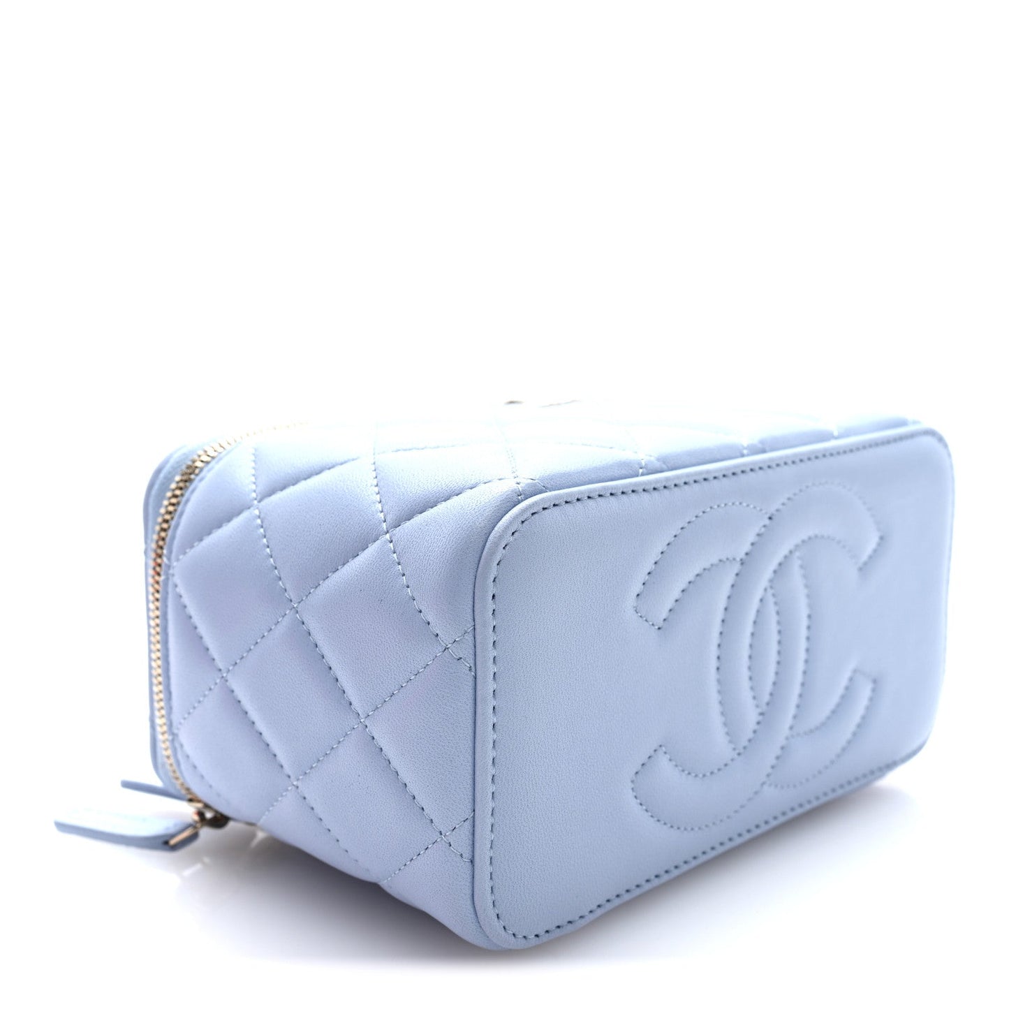 Lambskin Quilted Small Top Handle Vanity Case With Chain Light Blue