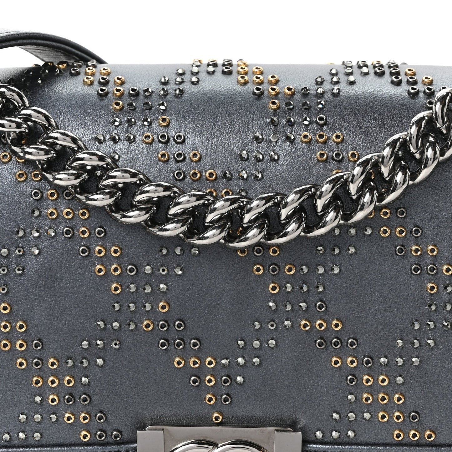 Metallic Calfskin Crystal Medium Boy Flap Dark Silver