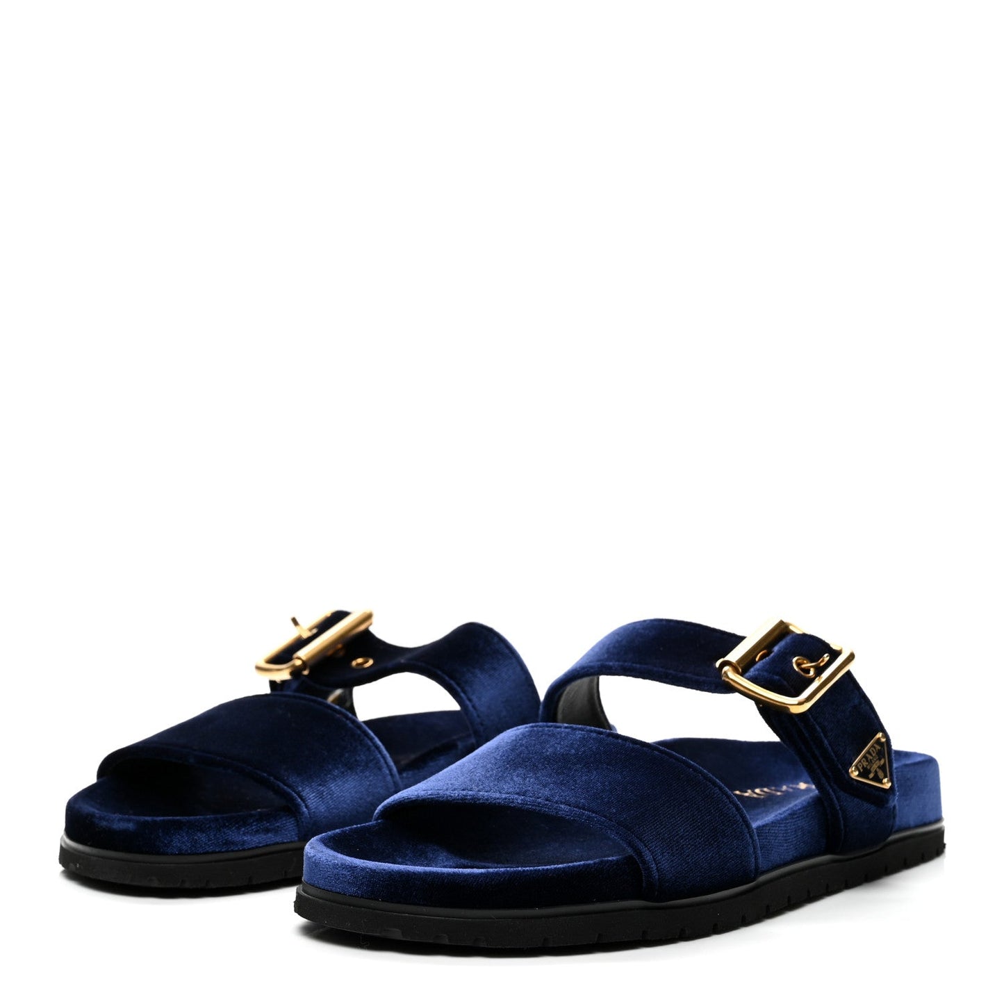 Velvet Metal Triangle Logo Womens Double Buckle 20mm Slide Sandals 39 Bleu