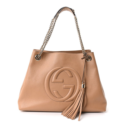 Pebbled Calfskin Medium Soho Chain Shoulder Bag Camelia