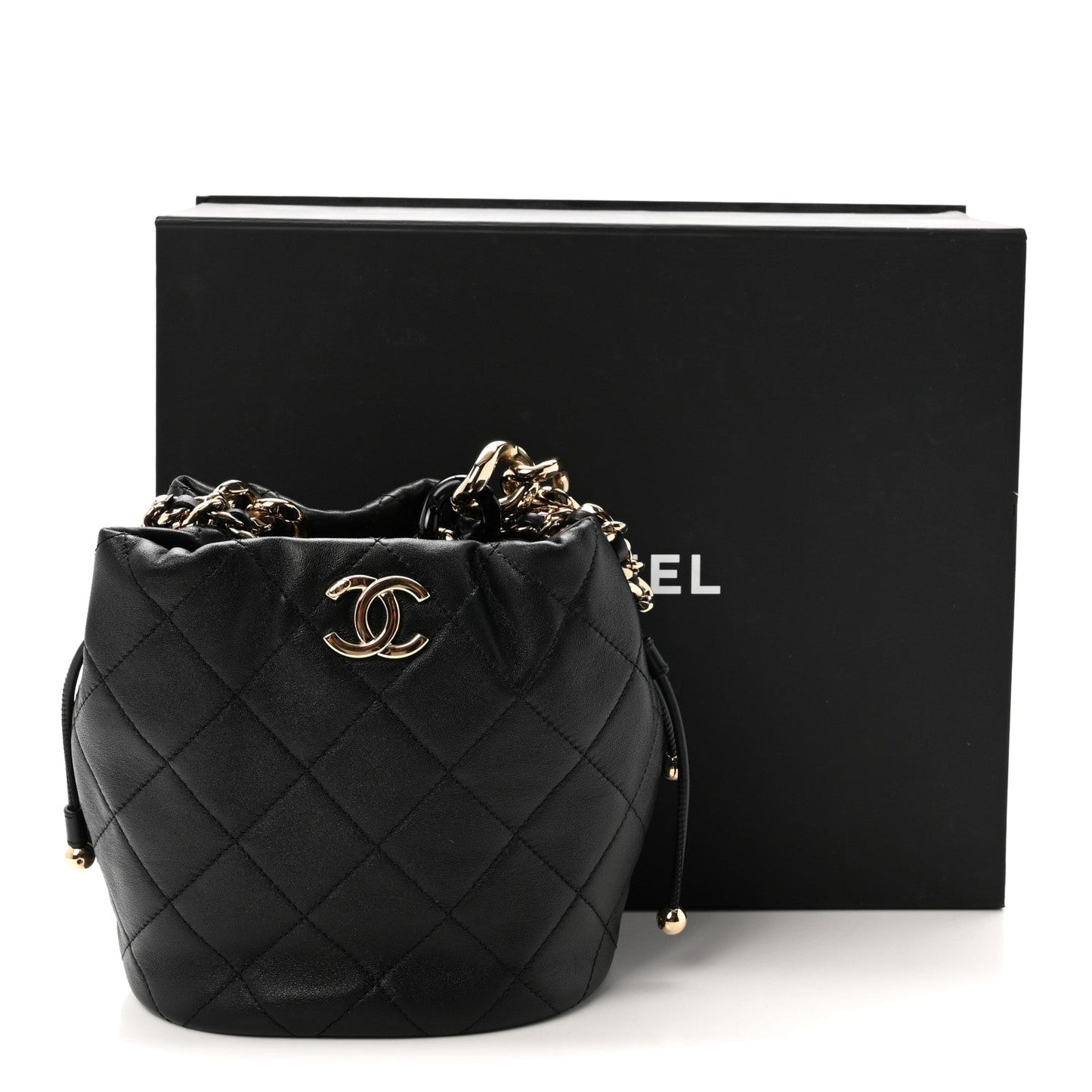 Lambskin Quilted Resin Bi-Color Chain Bucket Bag Black