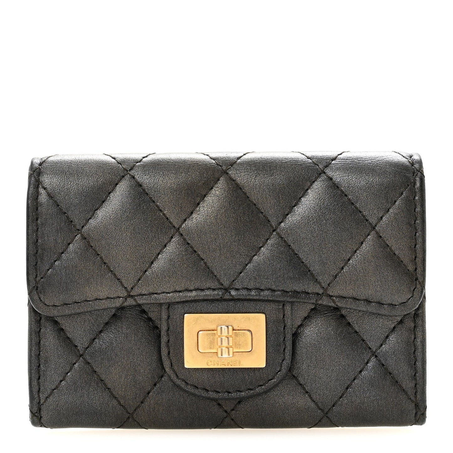 Metallic Calfskin Quilted Reissue Card Holder Wallet Charcoal