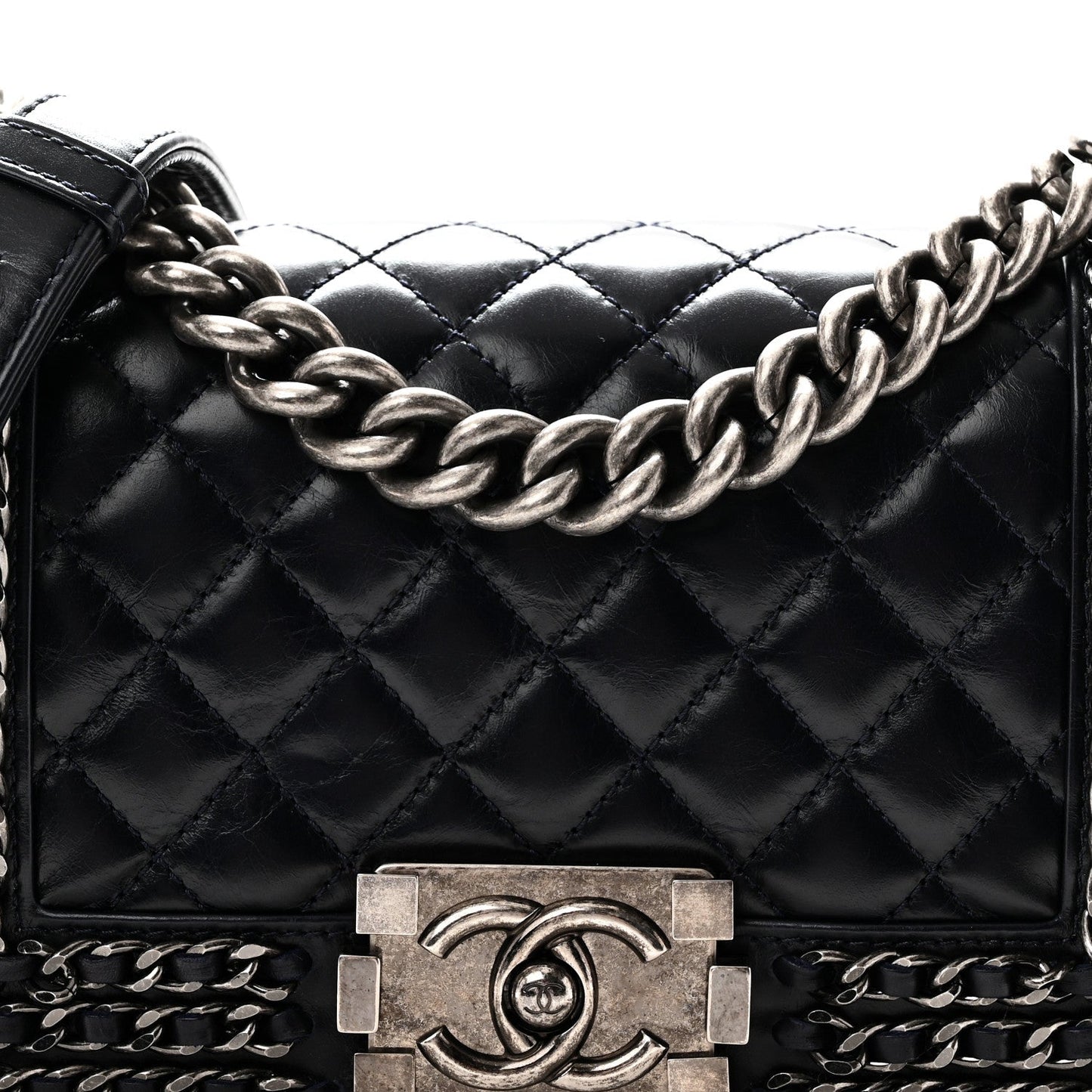 Glazed Calfskin Quilted Small Boy Chained Flap Navy