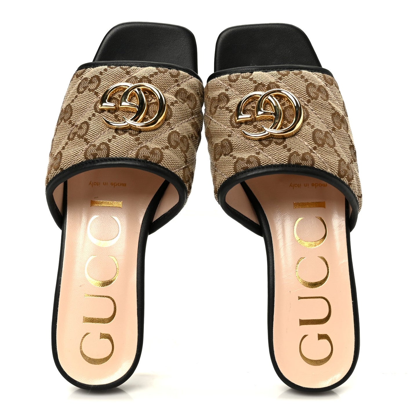 Monogram Matelasse Diagonal GG Marmont Flat Slide Sandals 35 Beige Ebony Black
