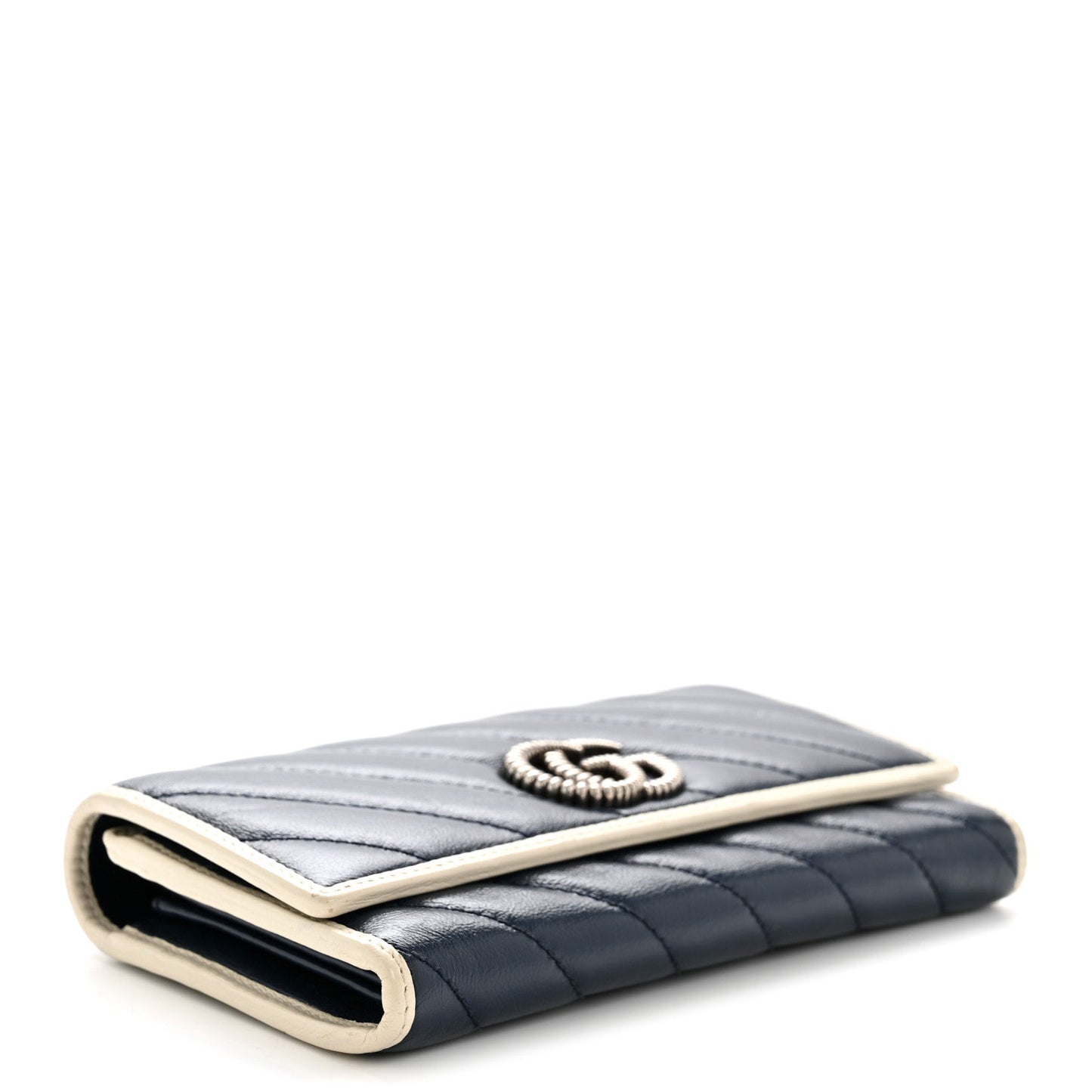 Vintage Effect Calfskin Matelasse Diagonal Torchon GG Marmont Continental Wallet Blue Agata Mystic White