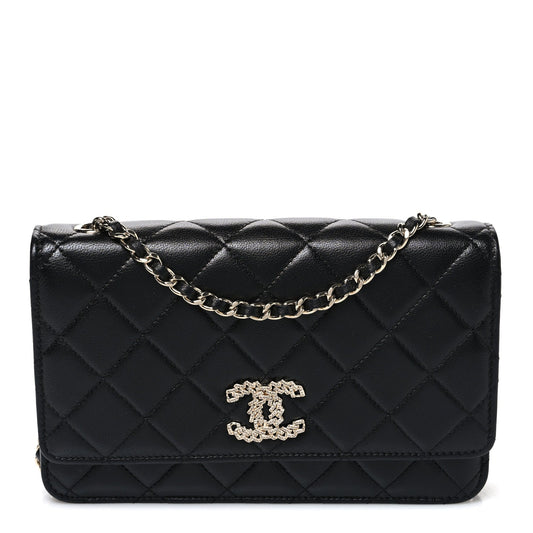 Lambskin Quilted Crystal CC Wallet On Chain WOC Black