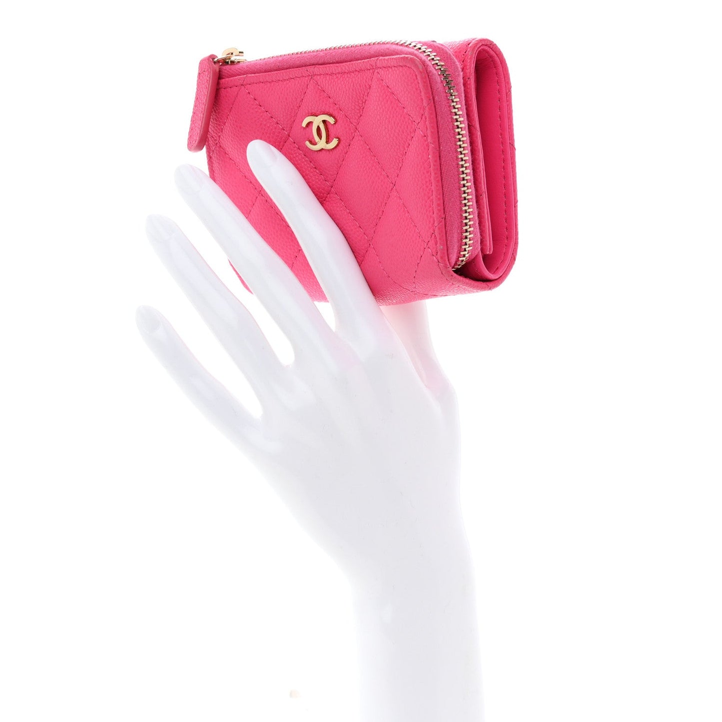 Caviar Quilted CC Zip Compact Trifold Wallet Pink