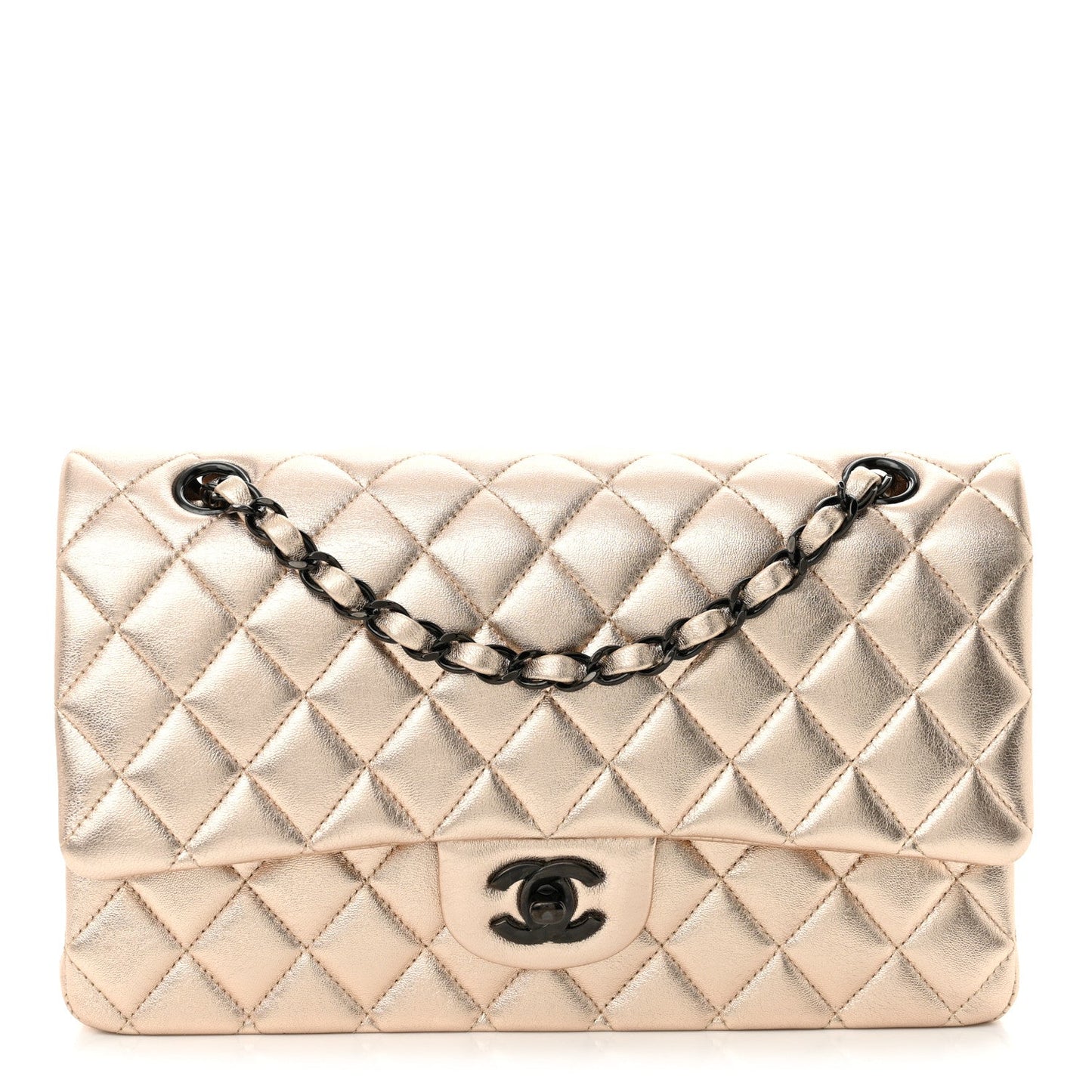 Metallic Lambskin Quilted Medium Double Flap Gold Black