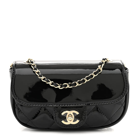 Patent Calfskin Quilted Mini Clutch Black