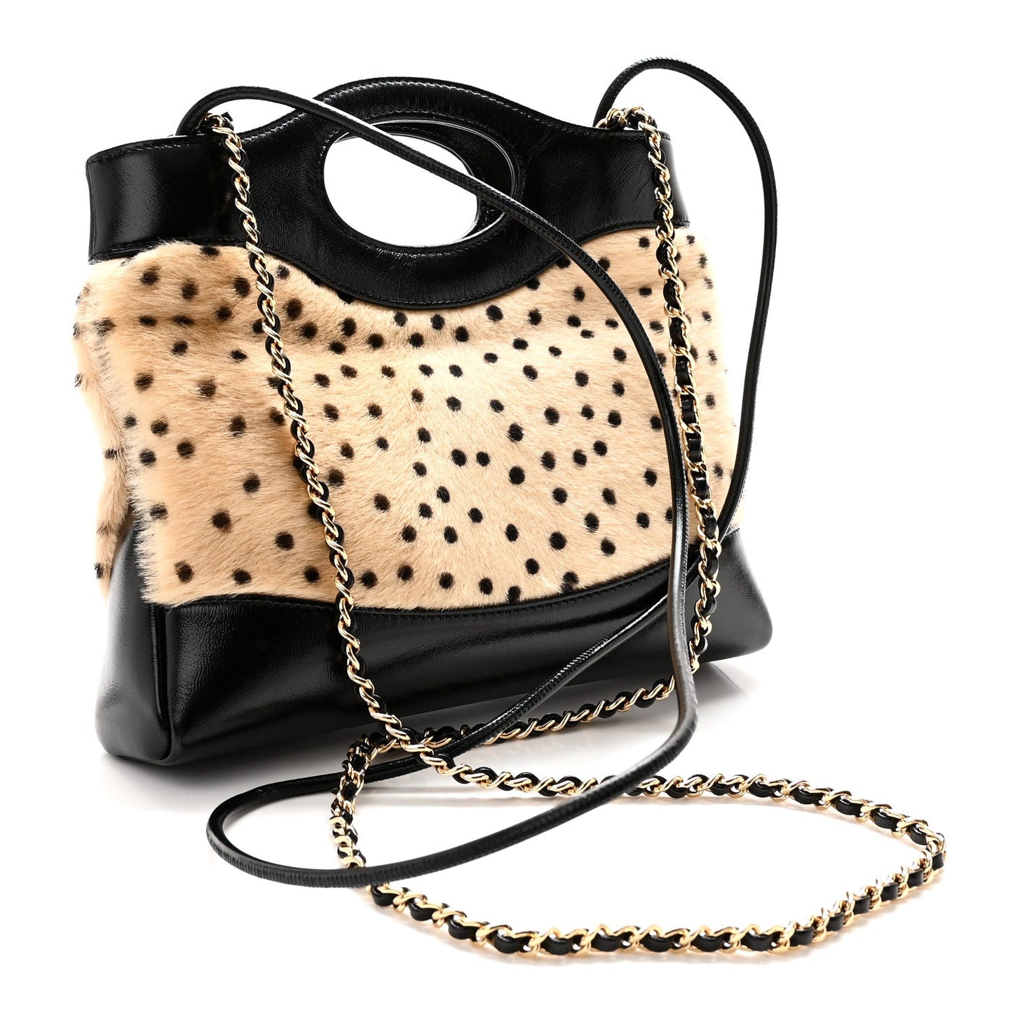 Shiny Lambskin Pony Hair Cheetah Printed Mini 31 Shopping Bag Light Beige Black
