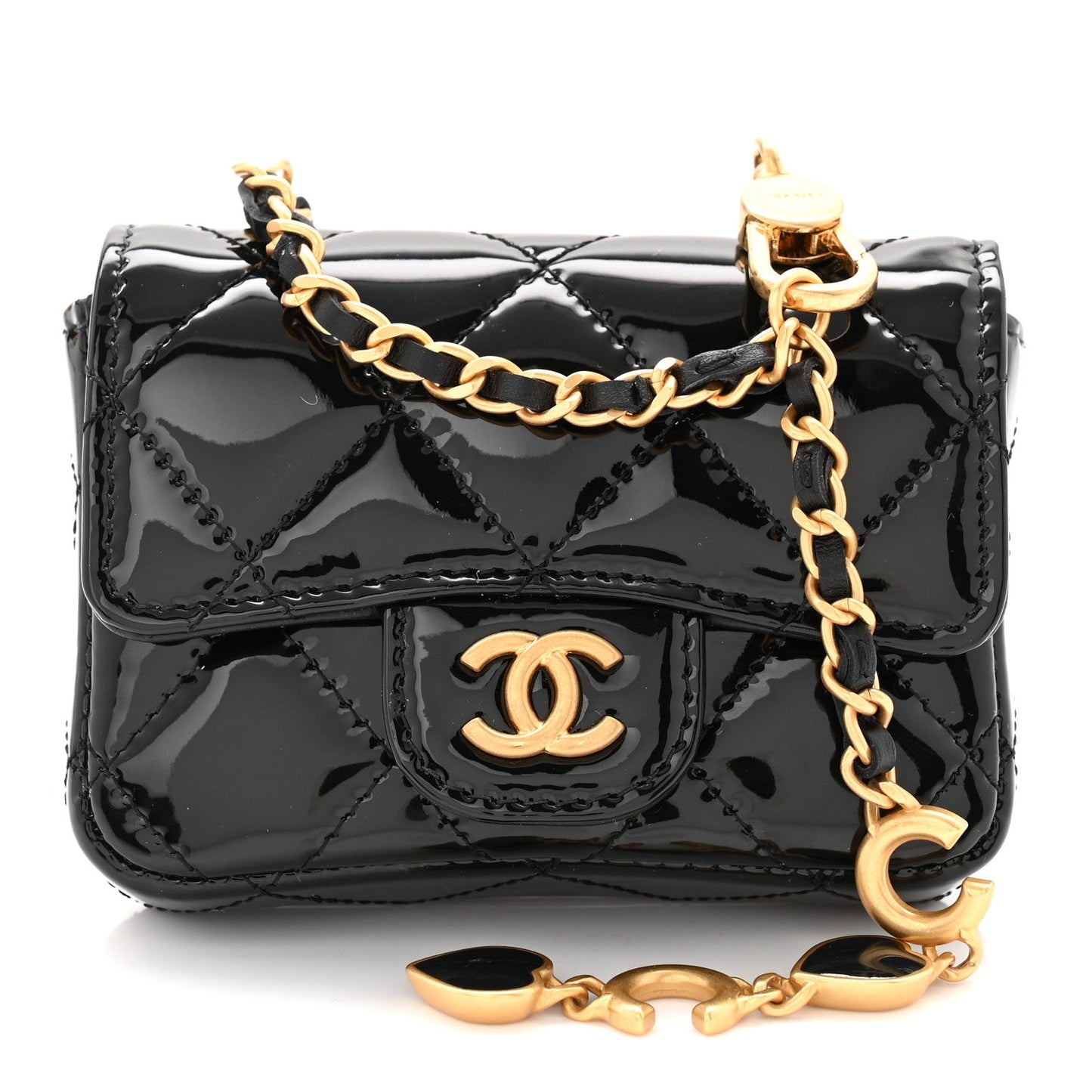 Patent Enamel Quilted Coco Hearts Clutch With Chain Black