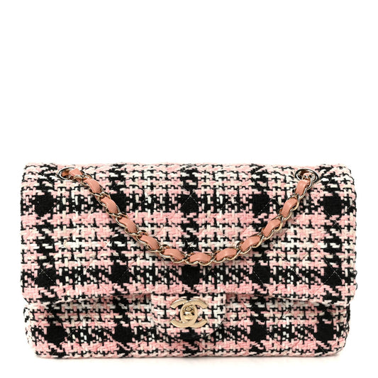 Tweed Quilted Medium Double Flap Pink Black White