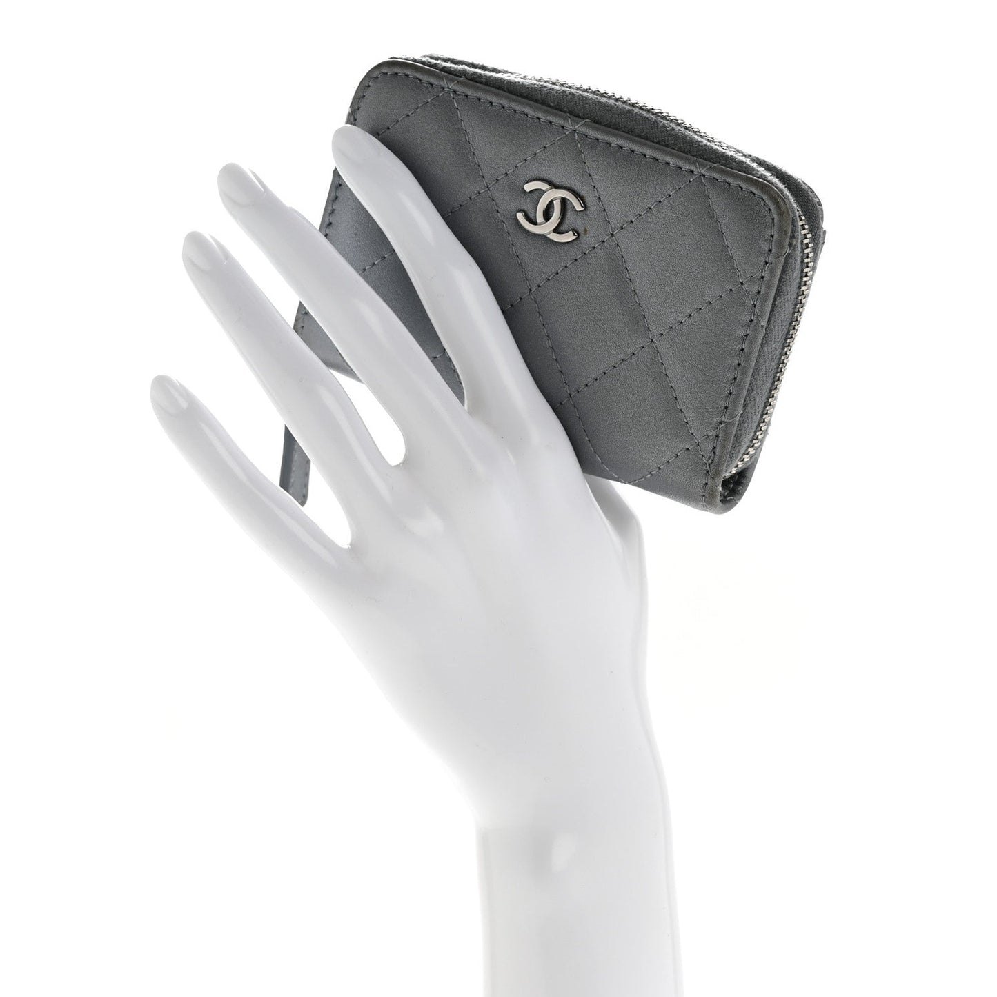 Metallic Lambskin Quilted Zip Around Coin Purse Wallet Silver