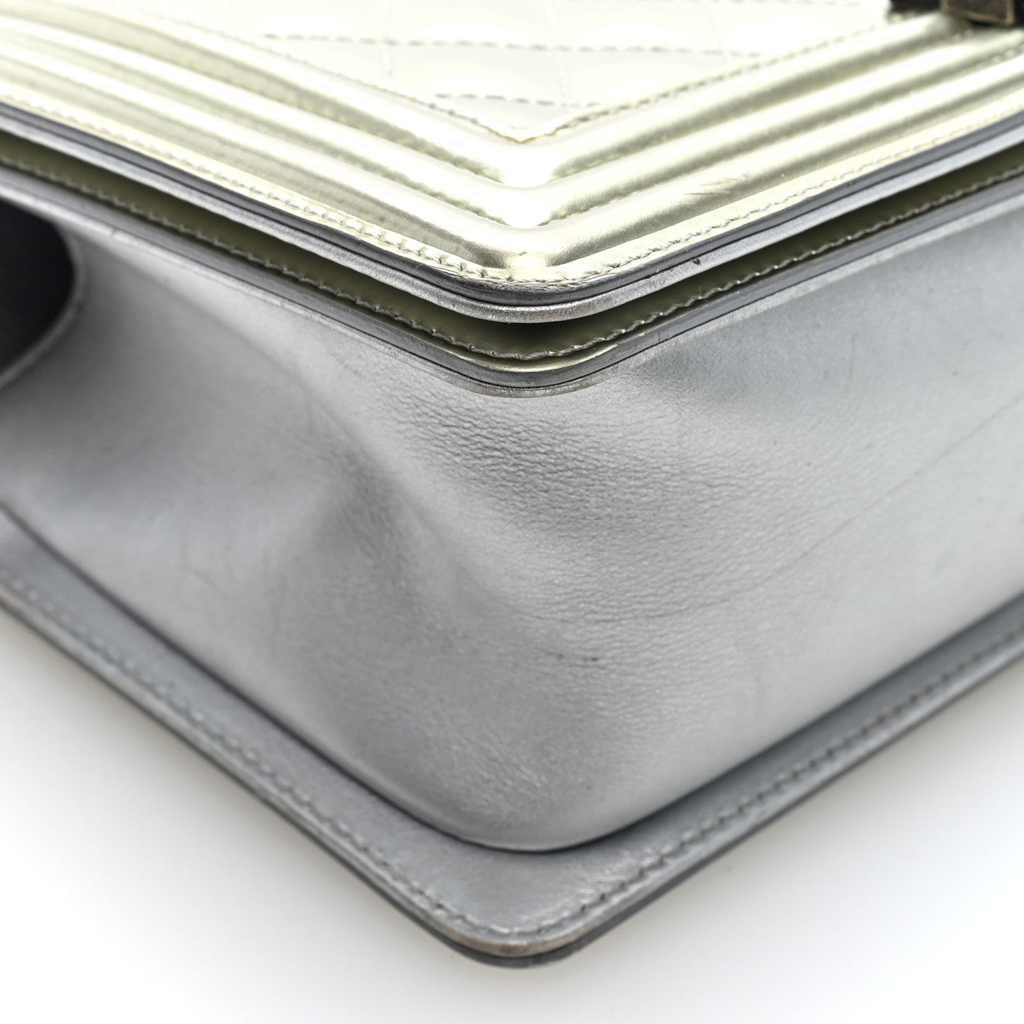Metallic Patent Calfskin Quilted Medium Boy Flap Silver