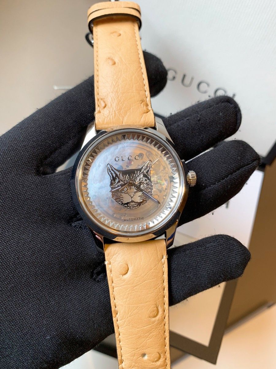 Gucci G Timeless Automatic Mother of Pearl Dial Brown Leather Strap Watch For Women - YA1264112