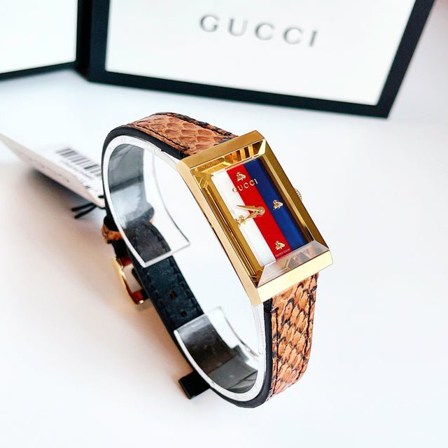 Gucci G-Frame Mother of Pearl Dial Brown Leather Snakeskin Strap Watch For Women - YA147402