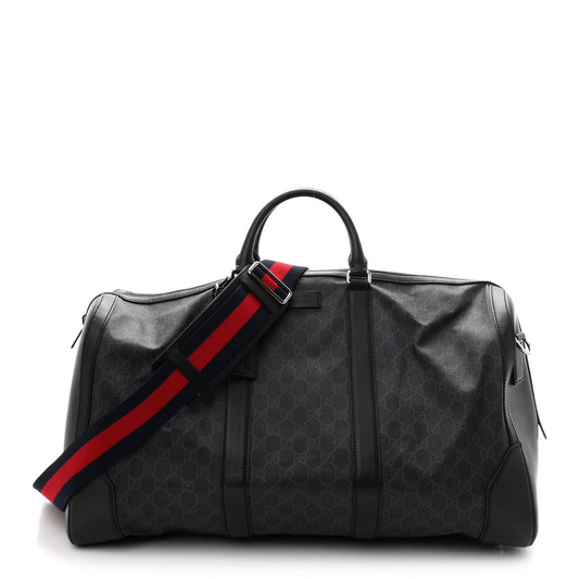 Soft GG Supreme Monogram Appia Calfskin Web Large Carry On Duffle Bag Black Grey
