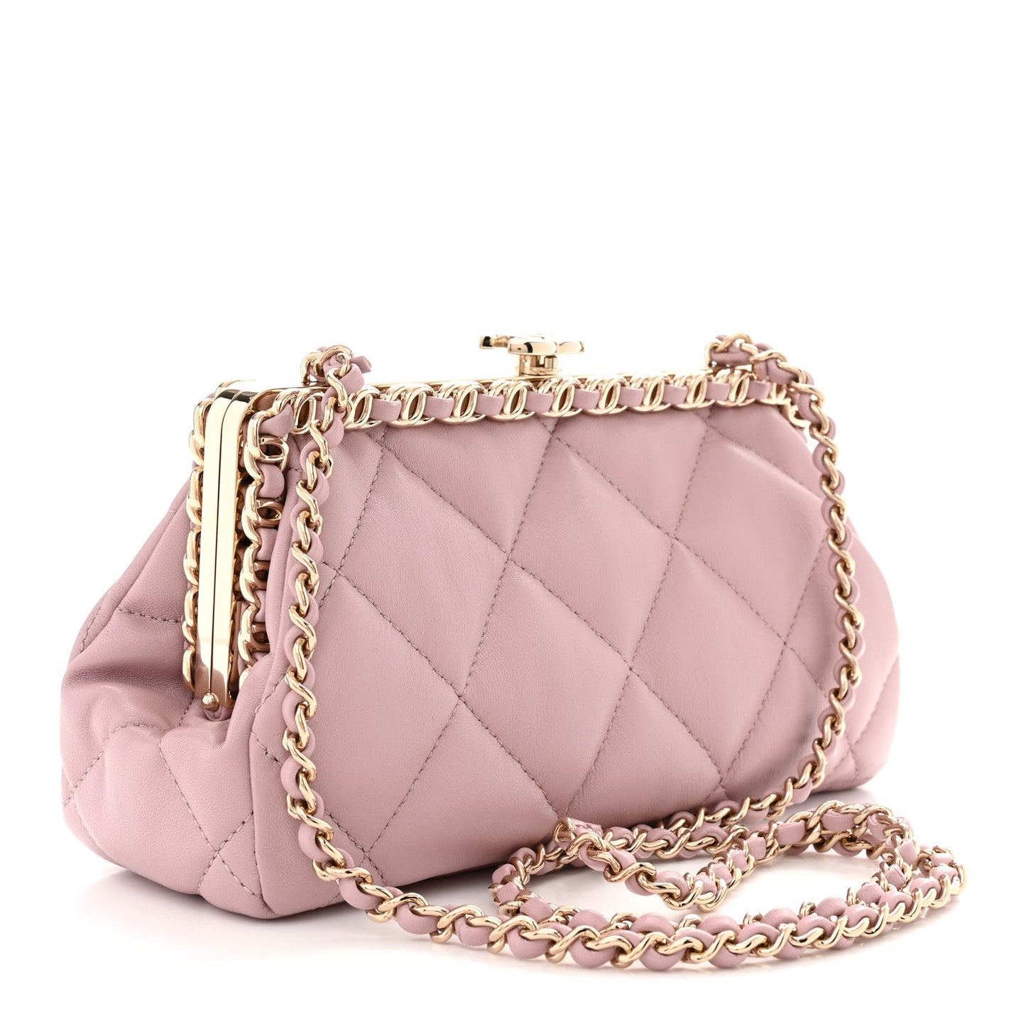 Lambskin Quilted Chain Frame Clutch Pink