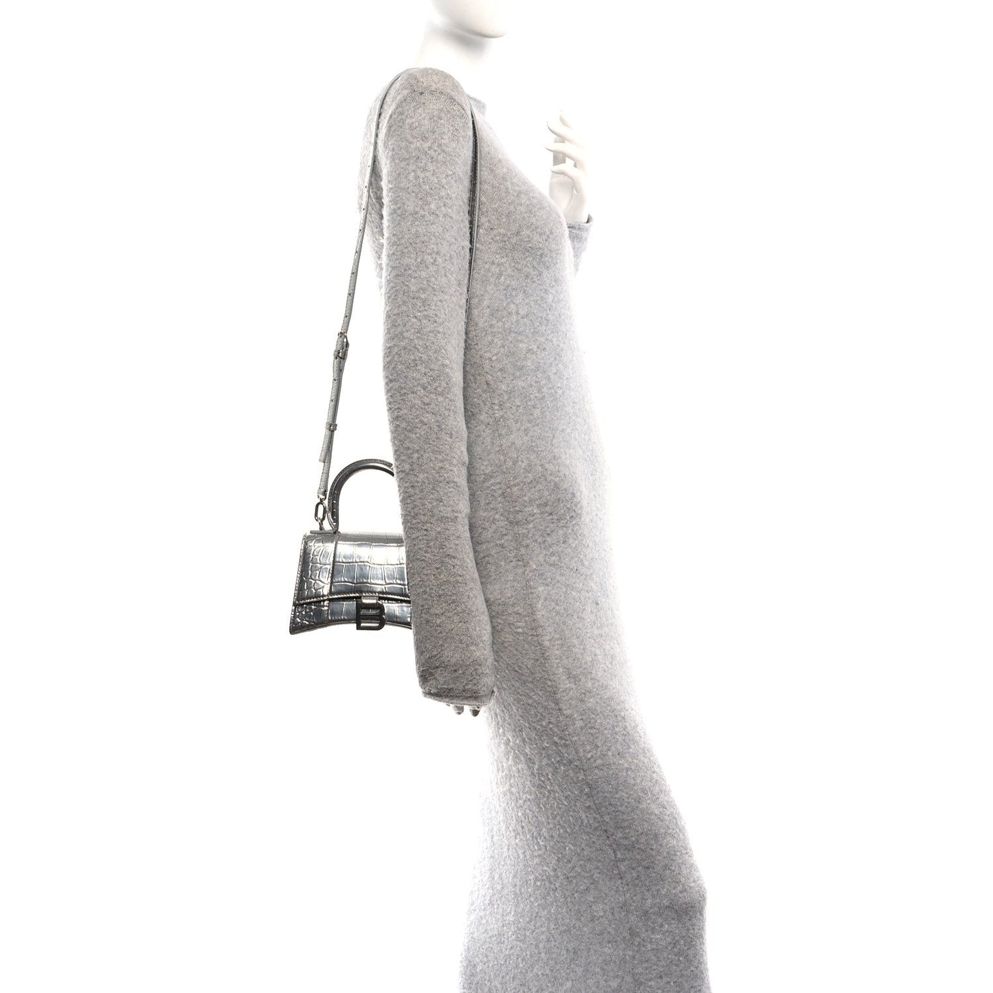 Metallic Calfskin Crocodile Embossed Hourglass Top Handle Bag XS Silver