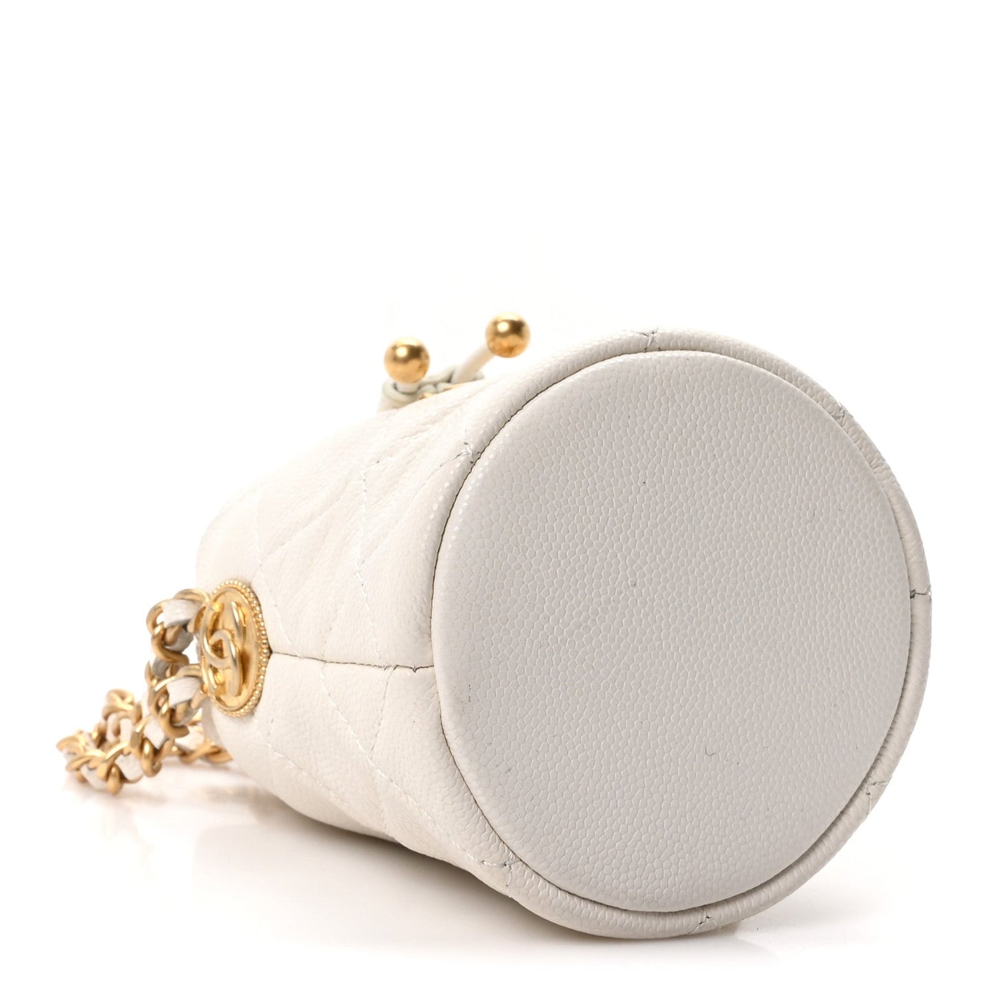 Caviar Quilted Twist Your Buttons Mini Bucket Bag White