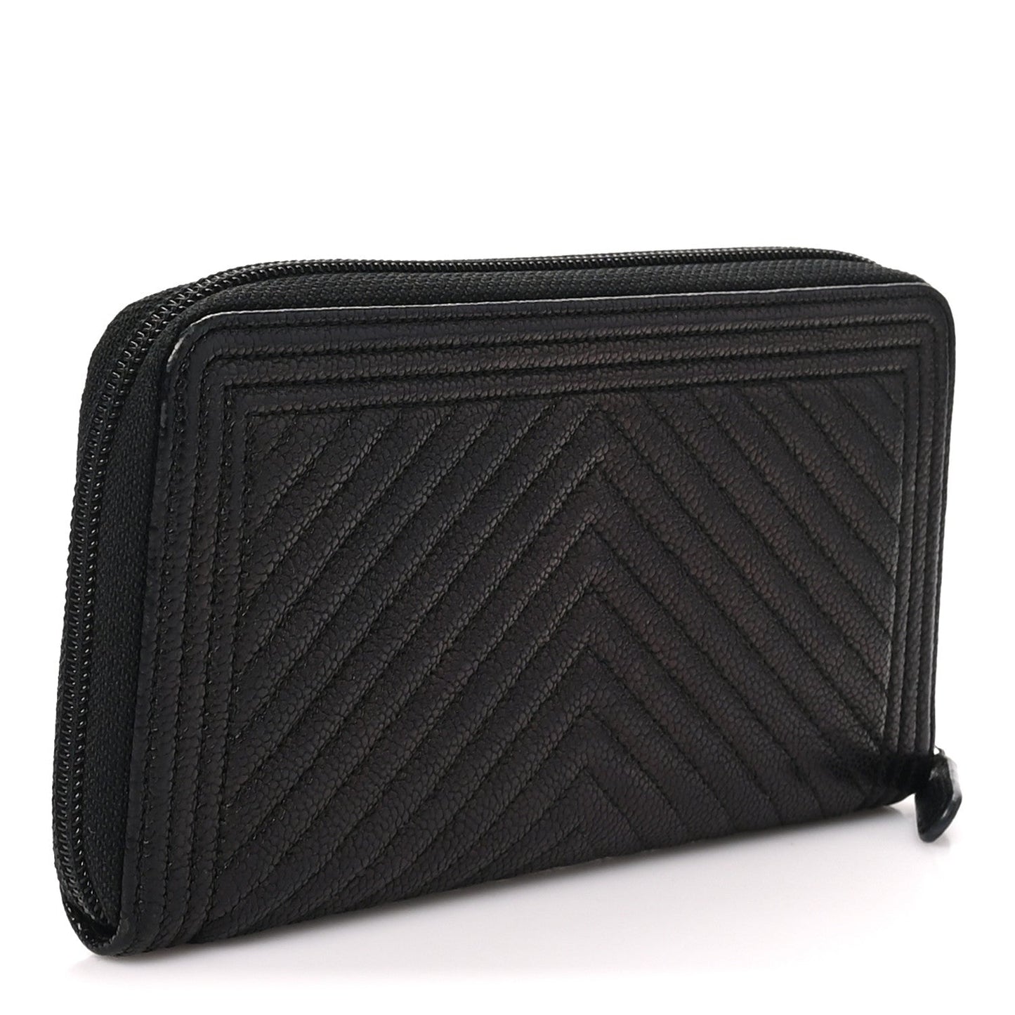 Caviar Chevron Quilted Zip Around Boy Wallet Black