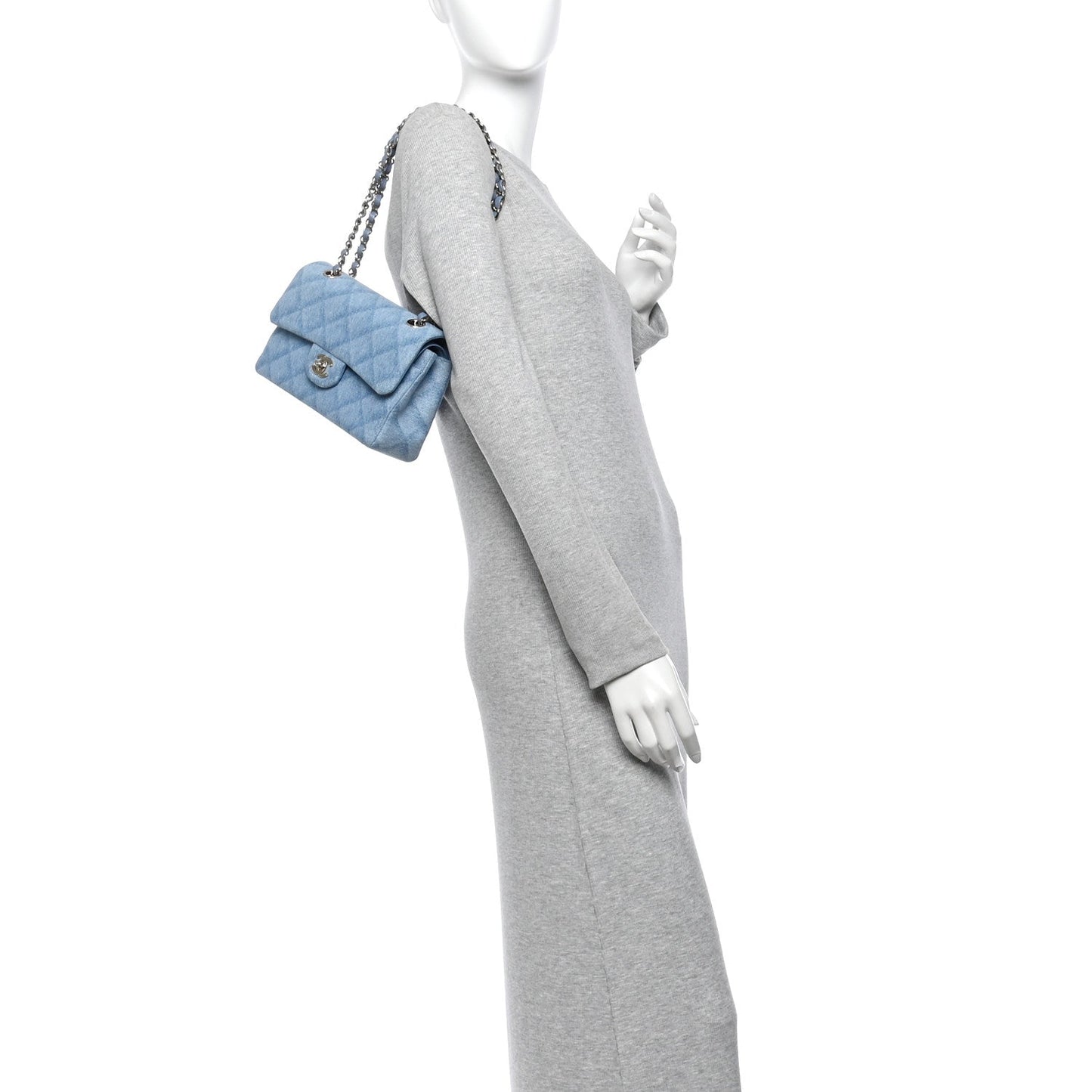 Printed Denim Quilted Small Double Flap Light Blue