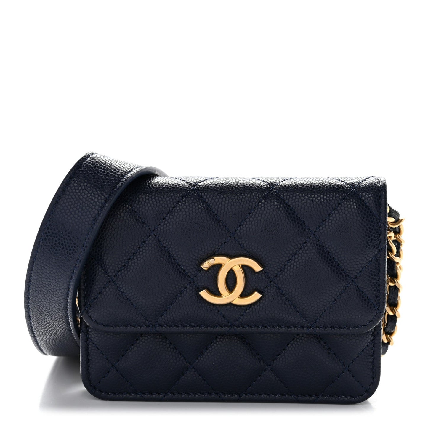 Caviar Quilted Twist Your Buttons Coin Purse With Chain Navy
