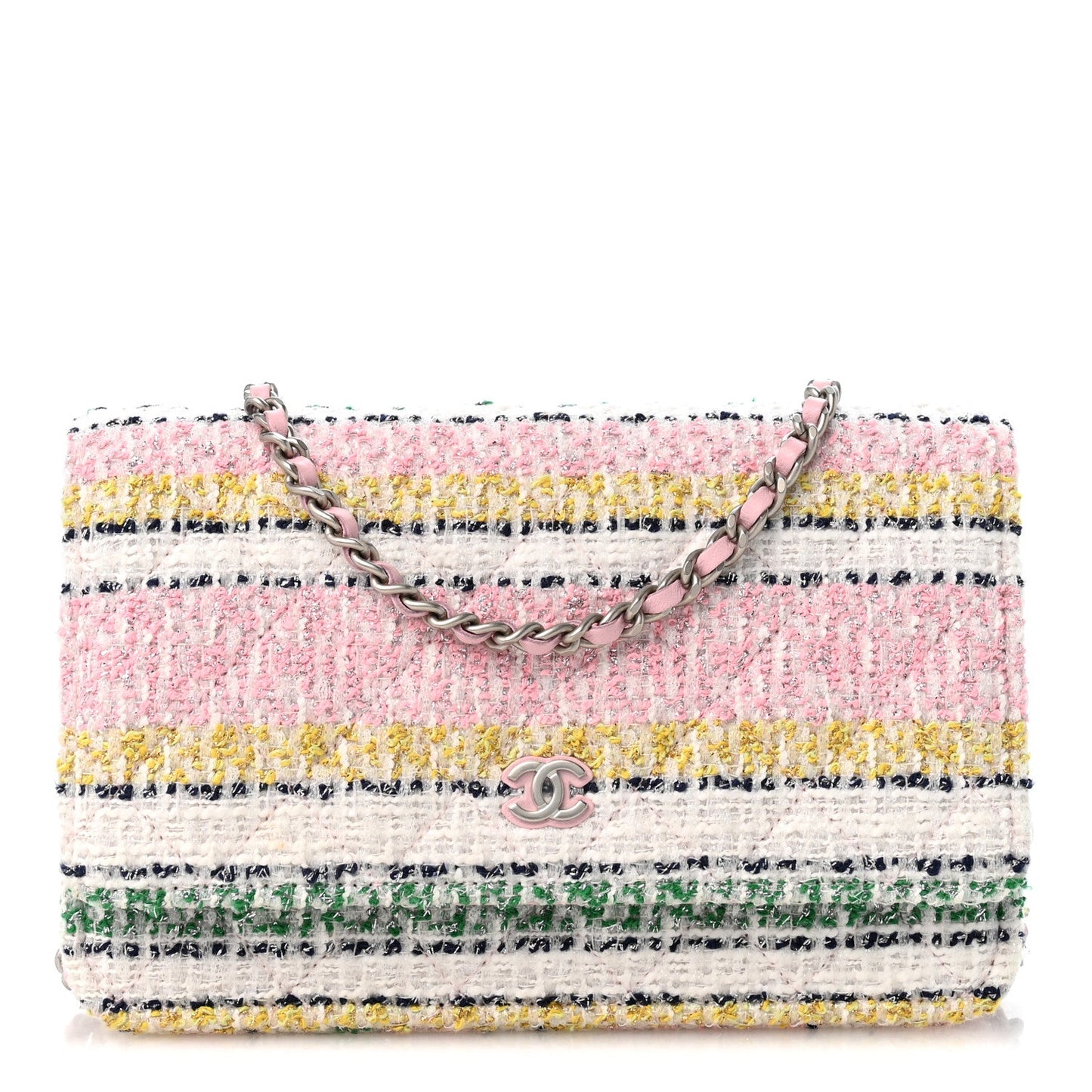 Metallic Tweed Quilted Wallet On Chain WOC White Multicolor